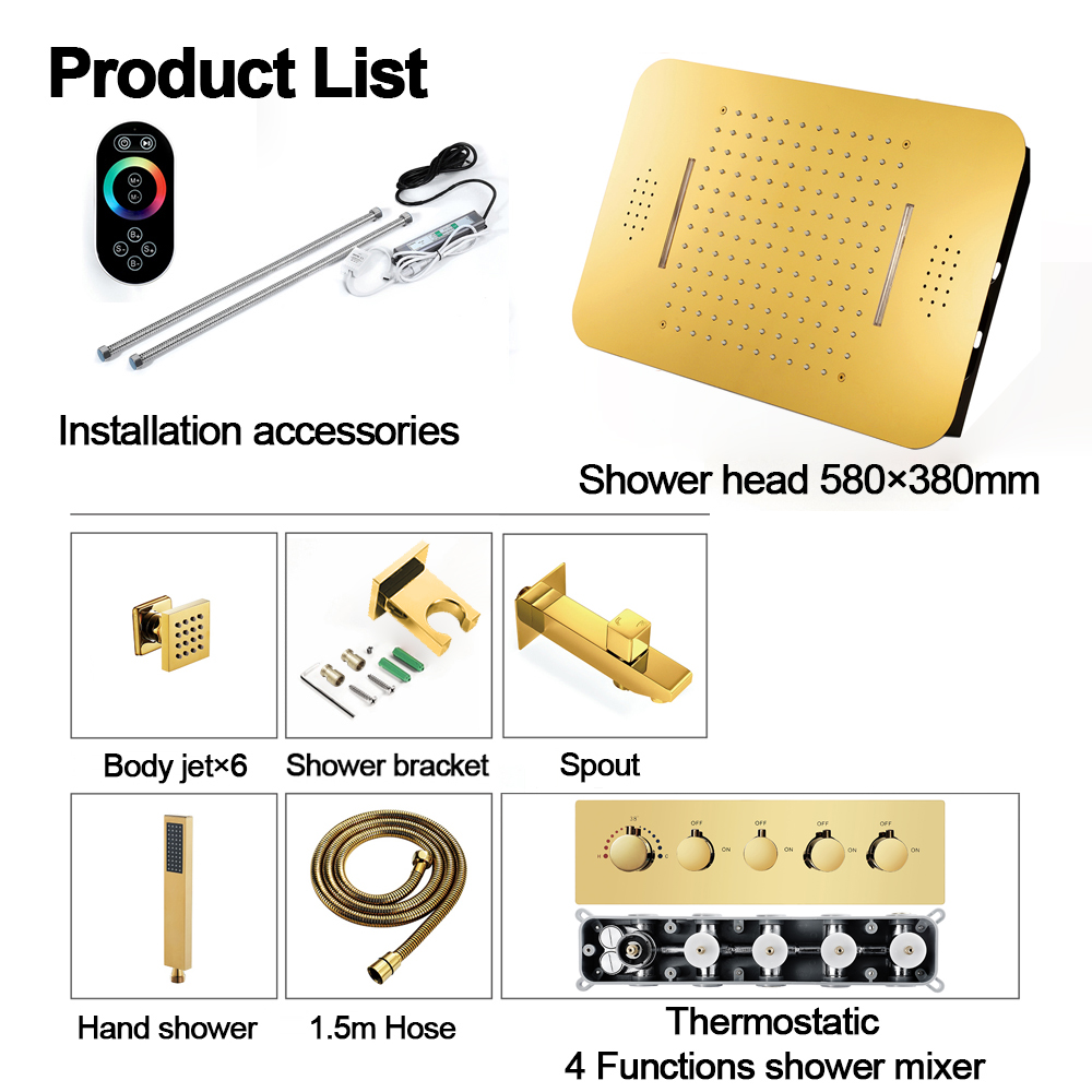 Wall-Mounted 580mm Thermostatic Shower Set in Gold 4 Functions