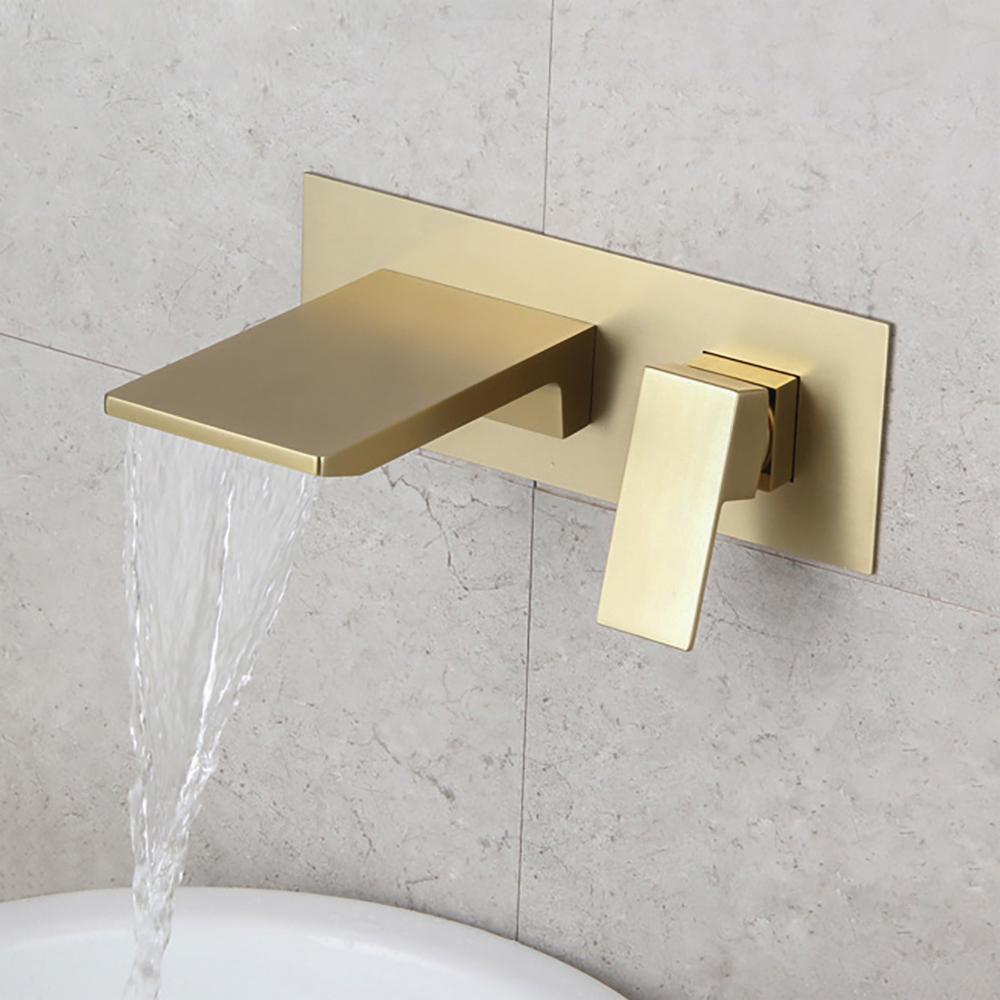 Sleek Brushed Gold Wall Mounted Single Handle Waterfall Bathroom Sink Faucet