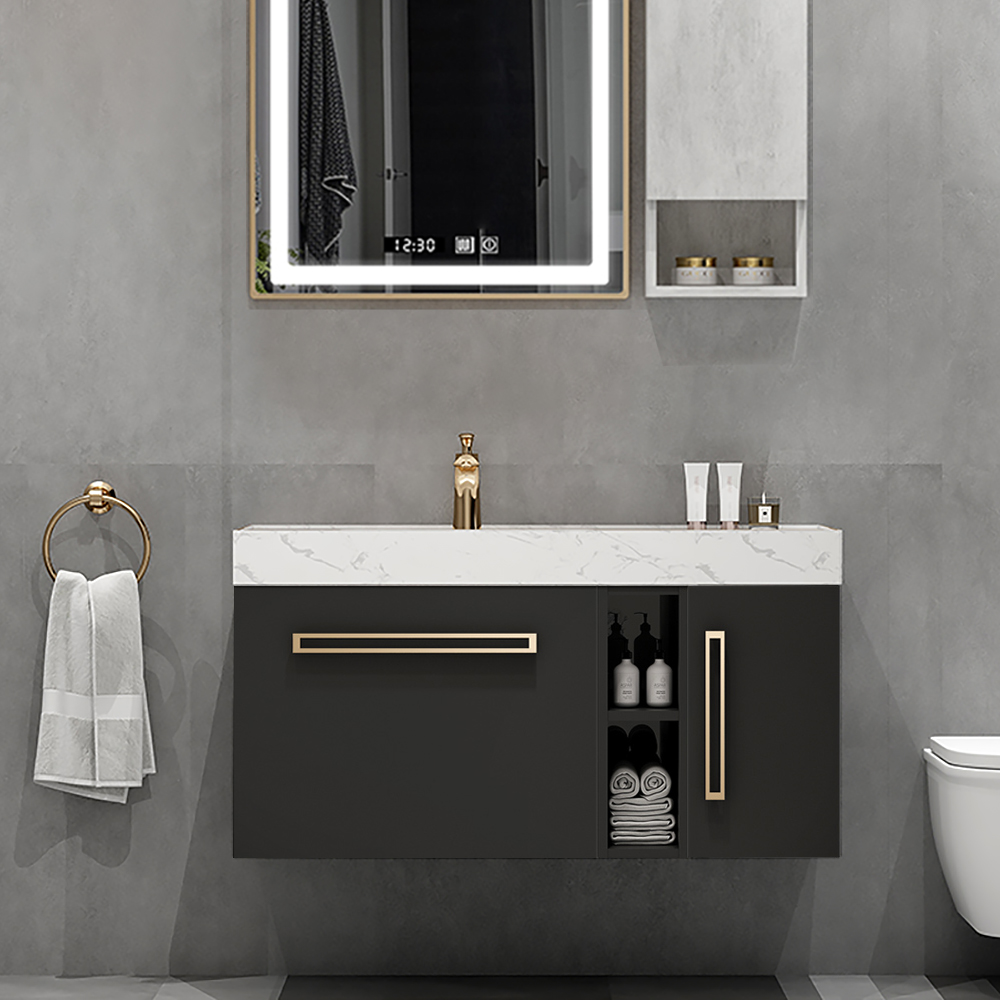 700mm Black Floating Bathroom Vanity Single Basin with Faux Marble Top & Storage