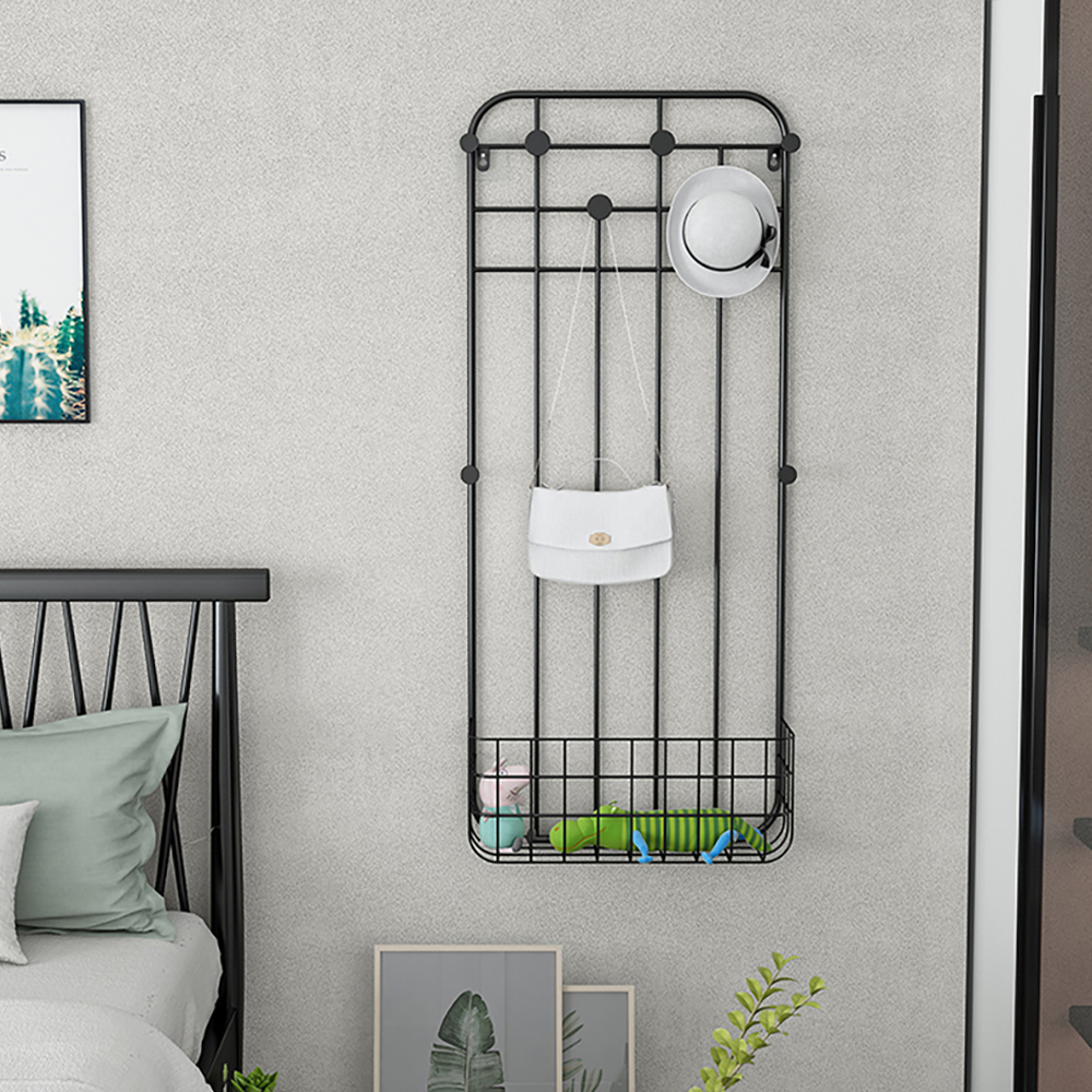 Large Black Modern Wall Shelf with Hooks & Basket for Entryway