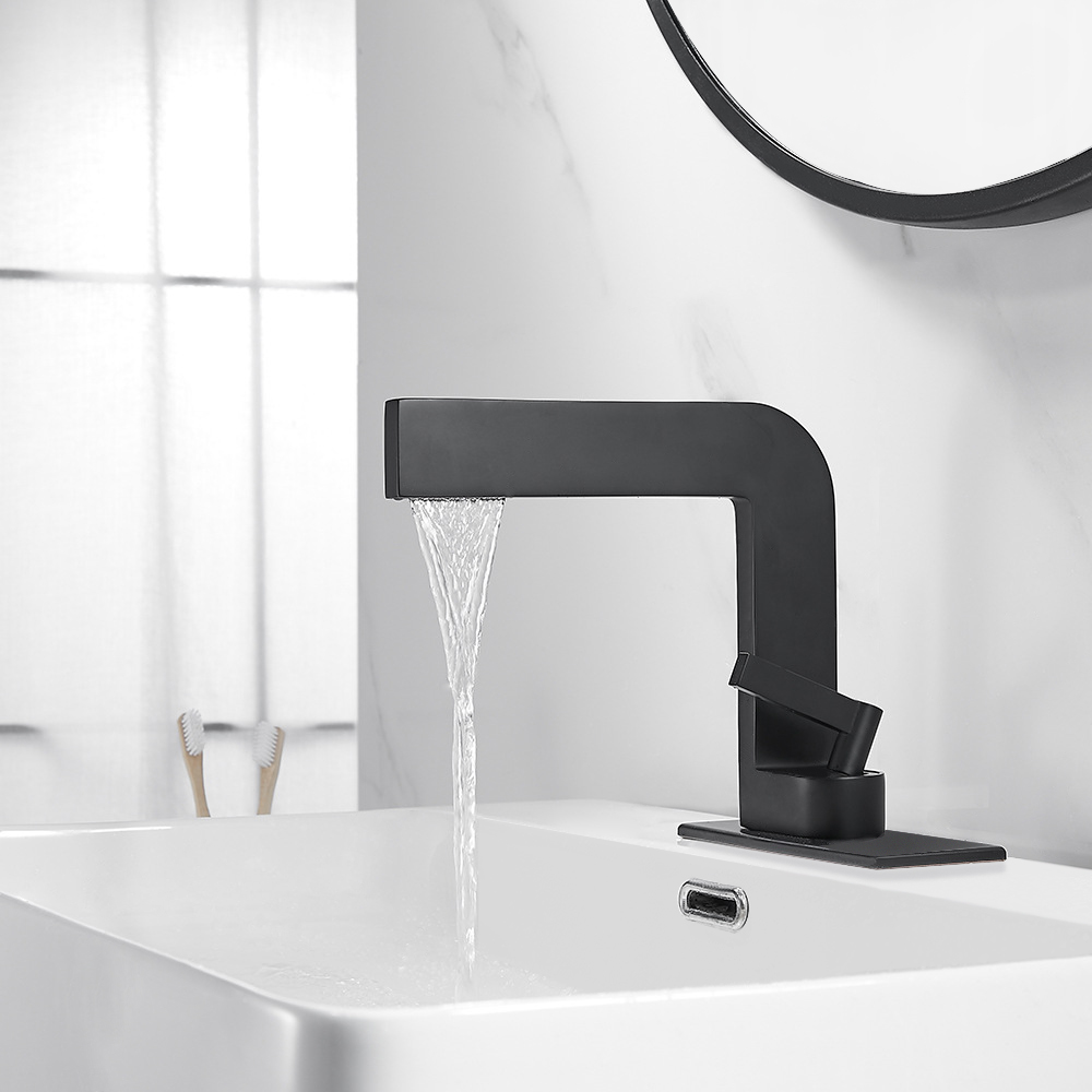 

Matte Black Waterfall Single Handle Bathroom Sink Faucet Solid Brass with Escutcheon