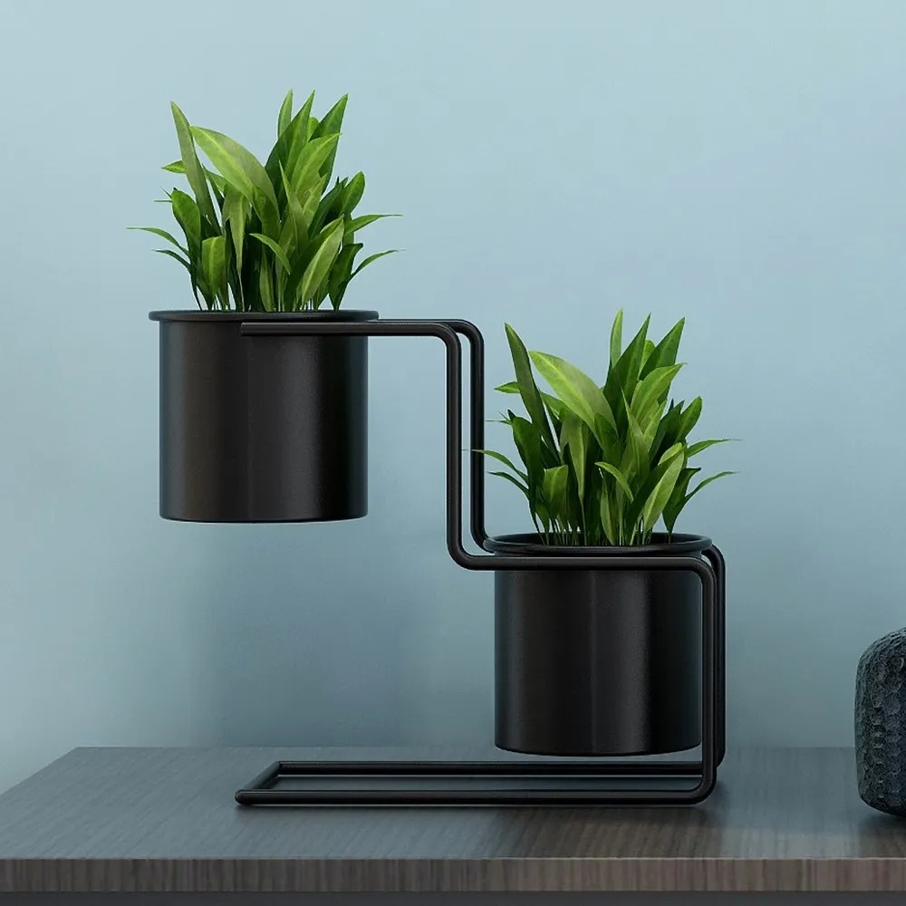 Modern Black Small Plant Pots In Metal Set Of 2