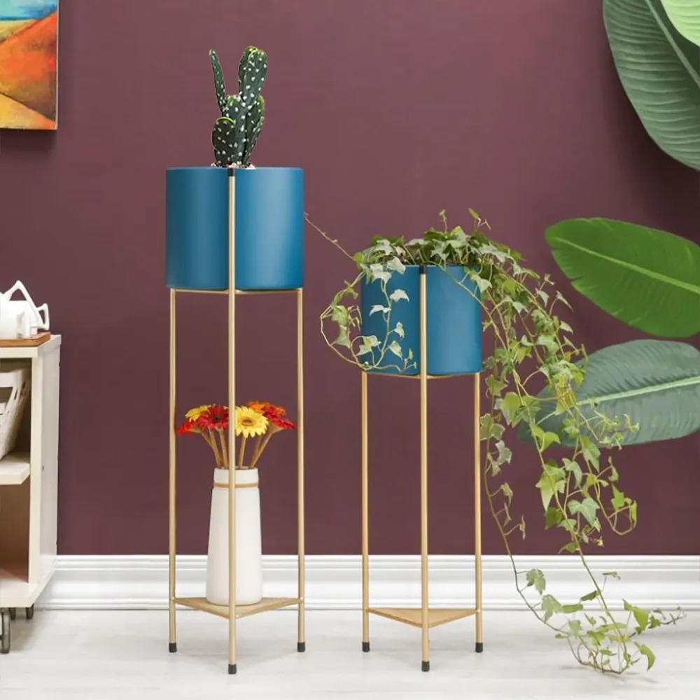 Metal Plant Stand With Shelf Gold Planter With Metal Stand In Blue Set Of 2