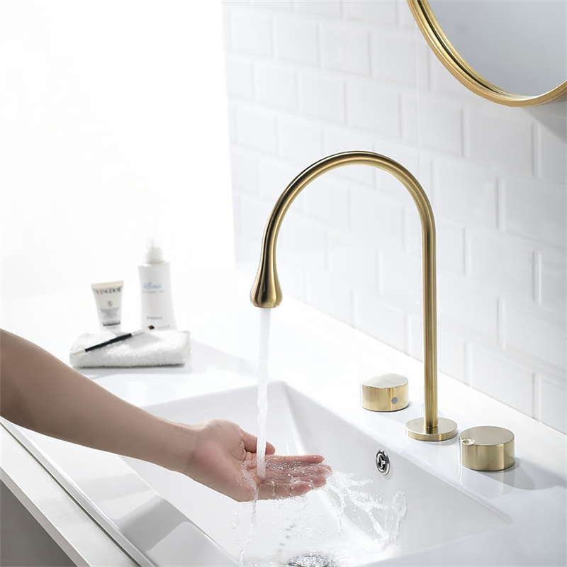 Widespread Brushed Gold Bathroom Sink Faucet 2Handle Solid Brass