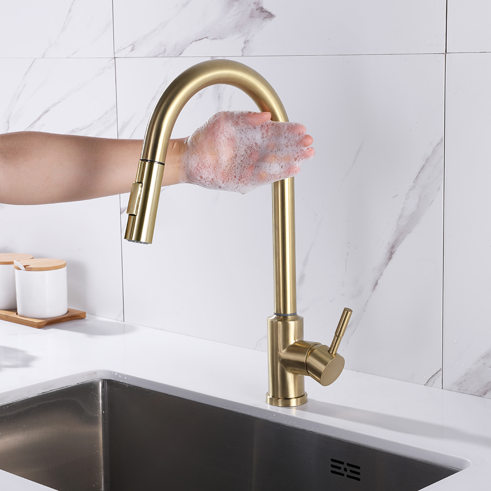 Brushed Gold Touch Kitchen Faucet Stainless Steel Pull Out Spray Single Handle