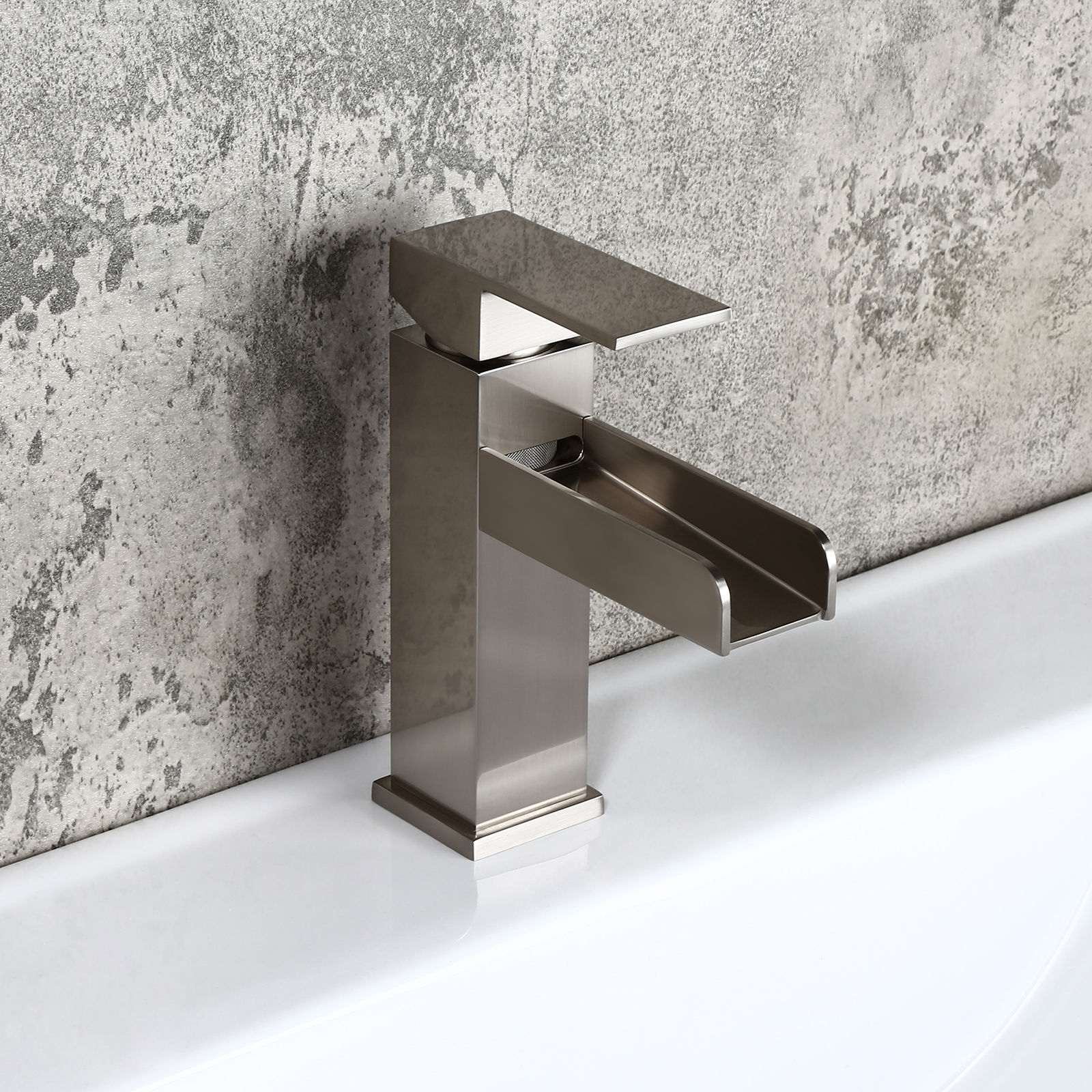 Modern Single Handle One Hole Waterfall Bathroom Sink Faucet Solid Brass in Brushed Nickel