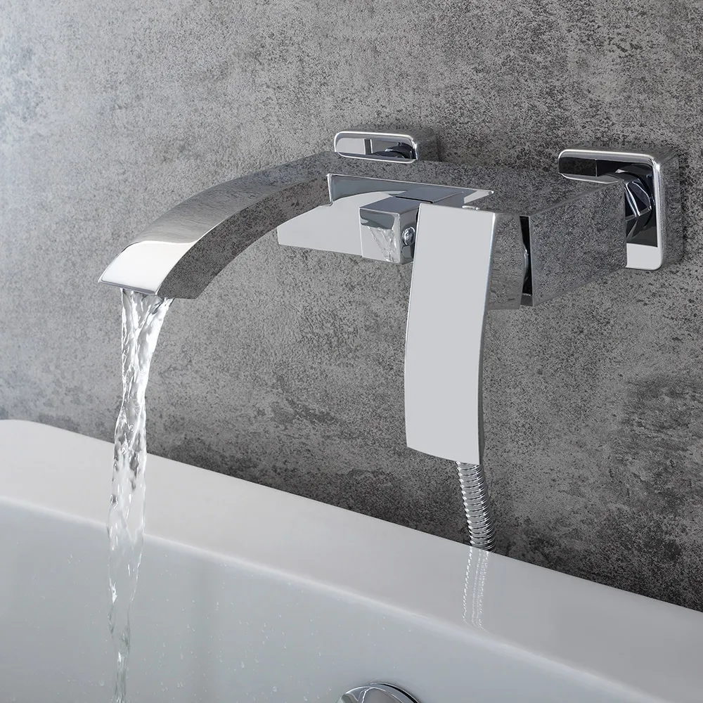 Ridge Wall-Mount Waterfall Tub Filler Faucet with Hand Shower Set Solid Brass