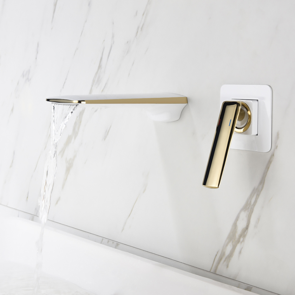 

Waterfall Wall Mounted White&Gold Bathroom Sink Faucet Single Handle