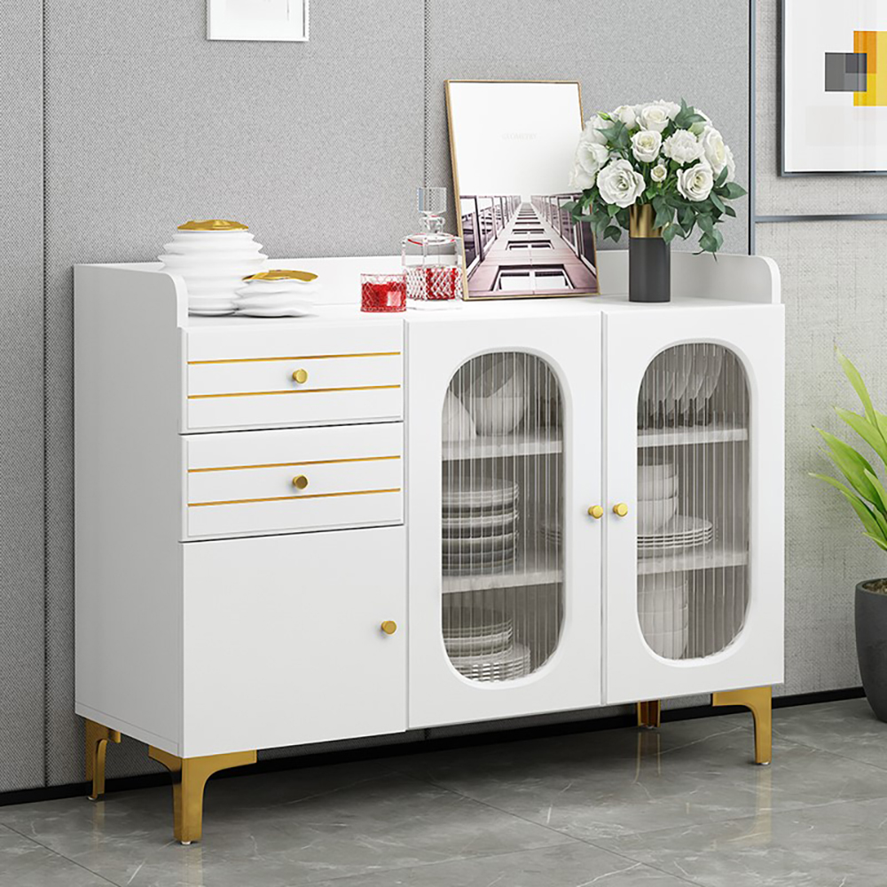 

Modern White Buffet Tempered Glass Doors Sideboard with Drawers & Shelves