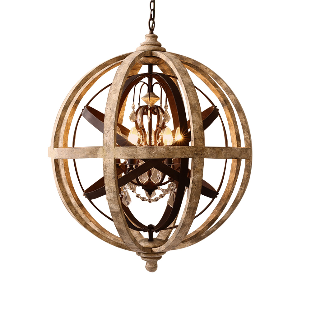 Retro Rustic Weathered Wooden Globe Metal Orb Crystal 3-Light Chandelier Small