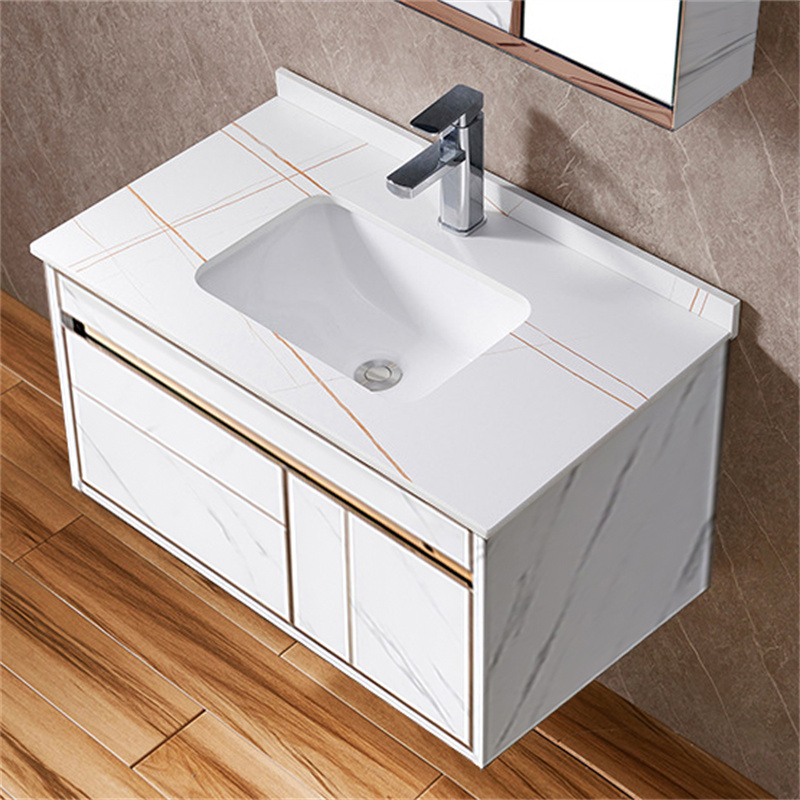 

White Floating Single Sink 31" Bathroom Vanity Set with Medicine Cabinet Slate Stone