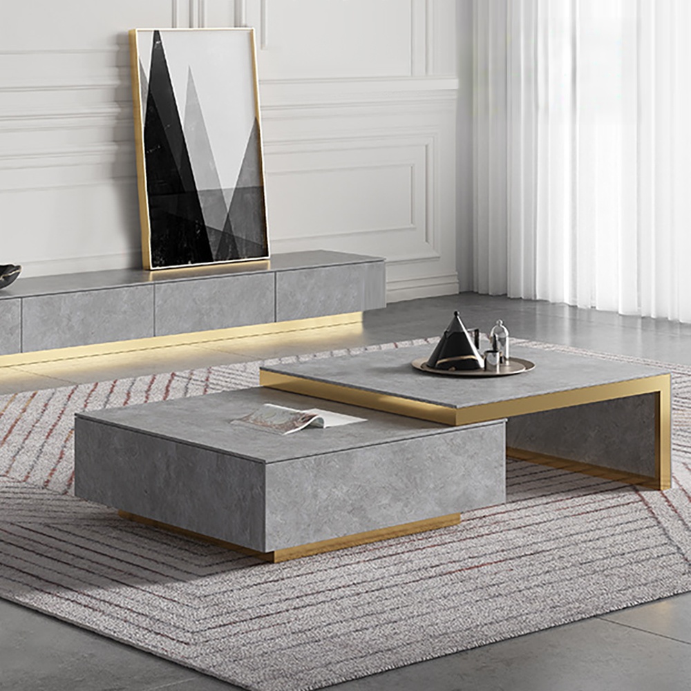 Modern Gray Extendable Coffee Table with Storage in Stone & Solid Wood