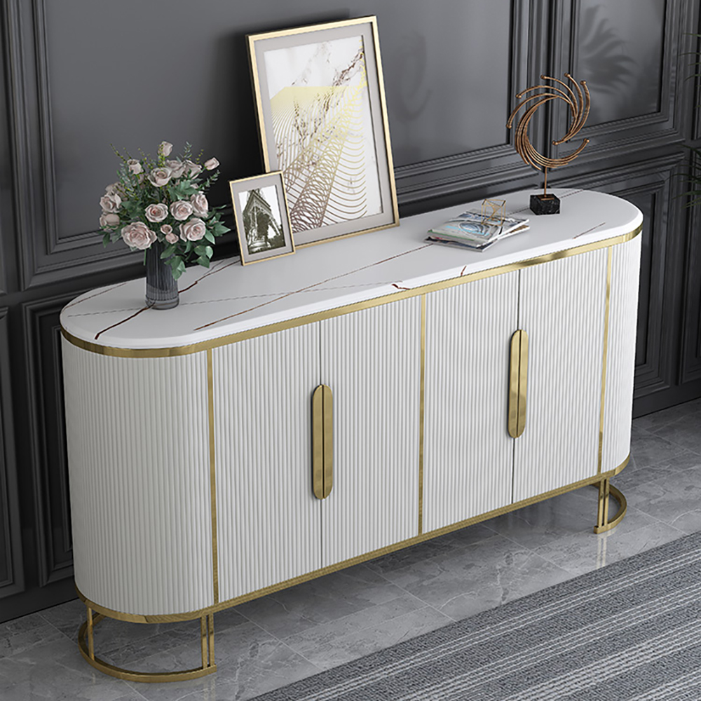 Modern White Sideboard Oval Faux Marble Top Buffet with Shelves Doors in Small
