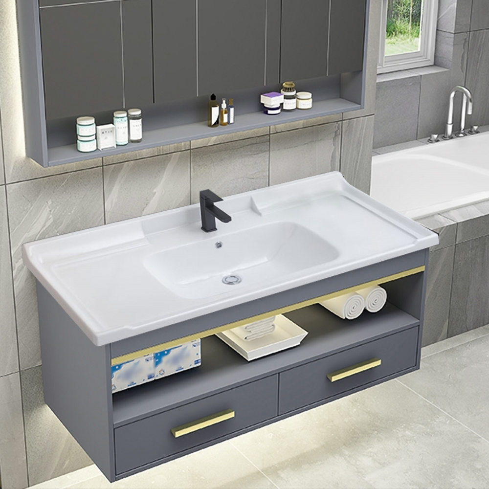 

35" Modern Blue Bathroom Vanity Floating Bathroom Cabinet with Integral Ceramic Sink