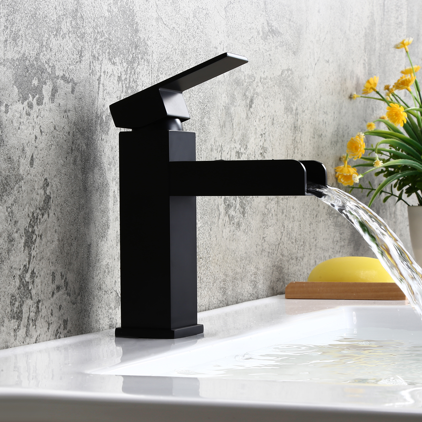 

Modern Single Handle One Hole Waterfall Bathroom Sink Faucet Solid Brass in Matte Black