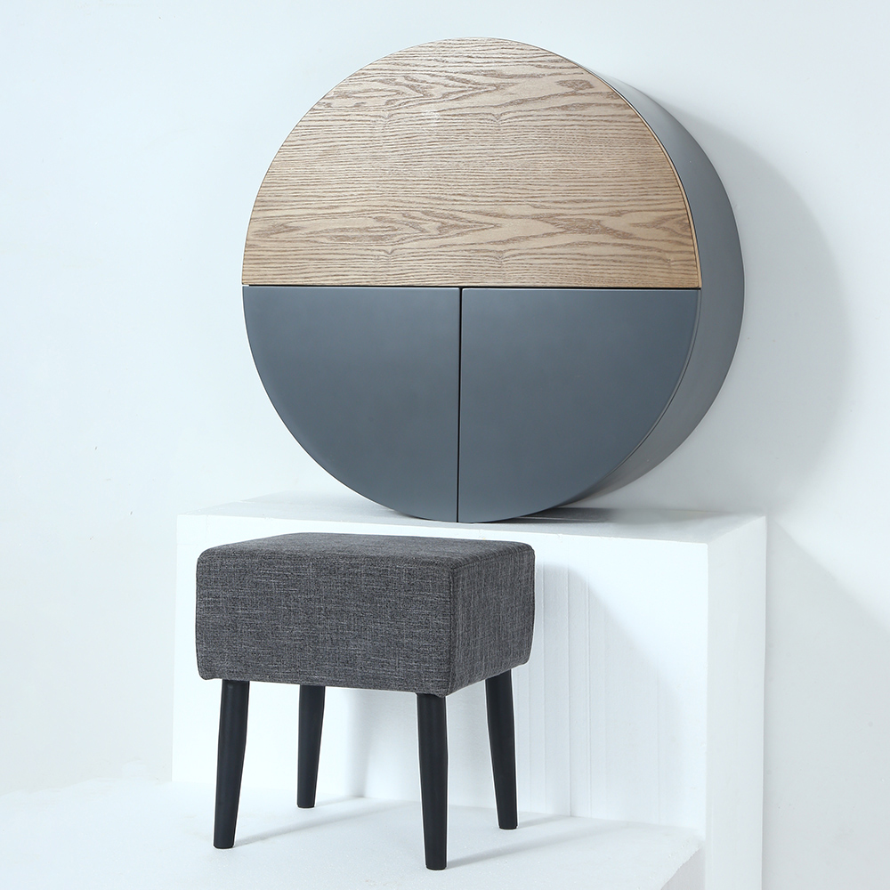 Modern Grey Round Wall-Mount Makeup Vanity Table Set with Mirror & Stool Included
