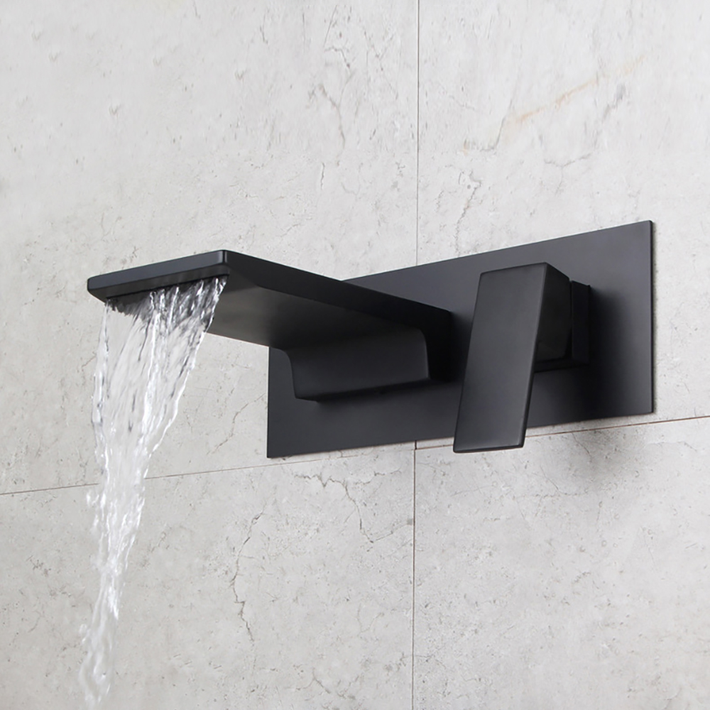 Sleek Black Wall Mounted Single Lever Handle Waterfall Bathroom Basin Tap