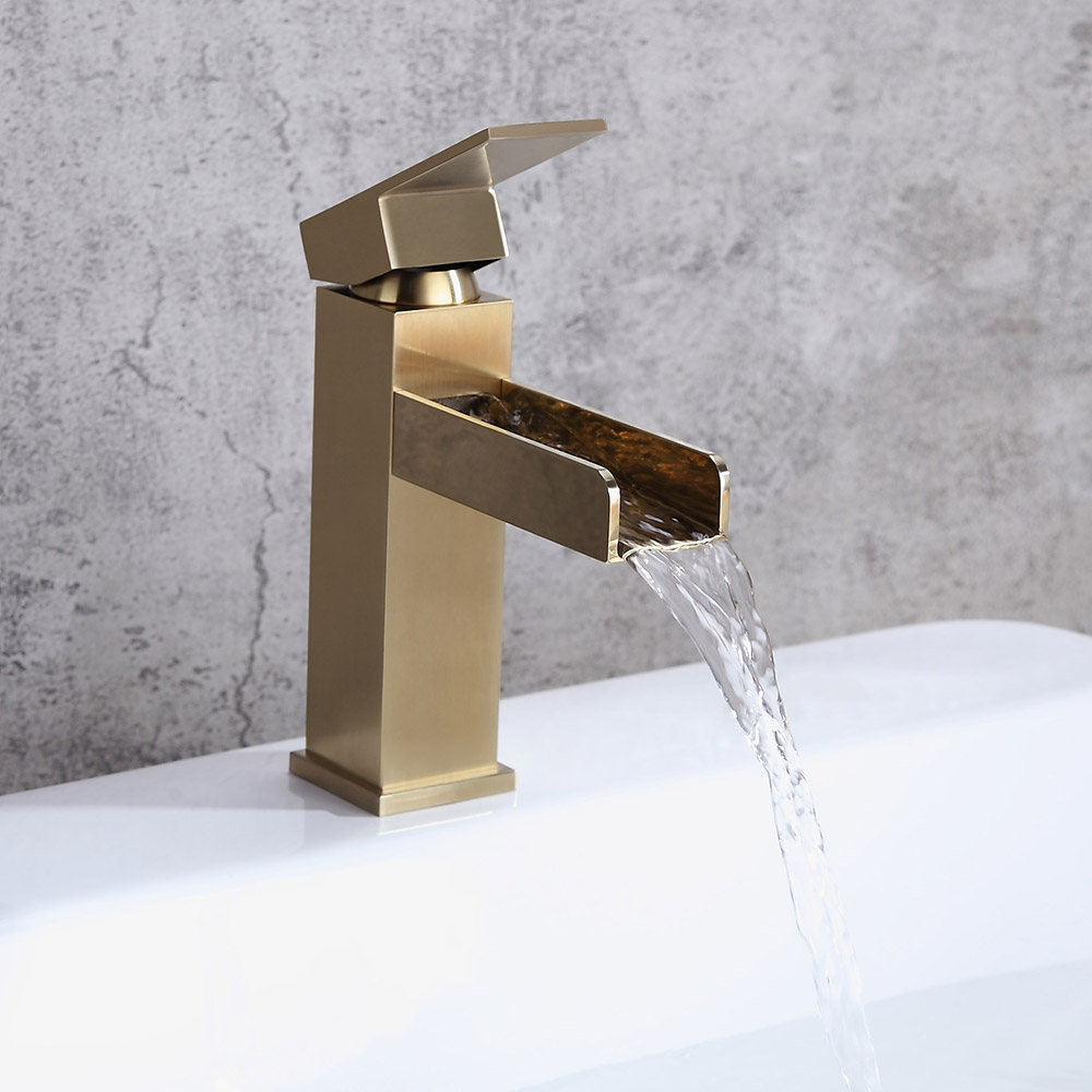 Stylish 1 Hole Single Handle Waterfall Bathroom Sink Faucet Solid Brass In Brushed Gold Finish 