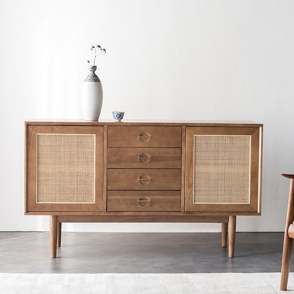 55" Cottage Walnut Sideboard Buffet Rattan With 2 Doors 4 Drawers-Homary