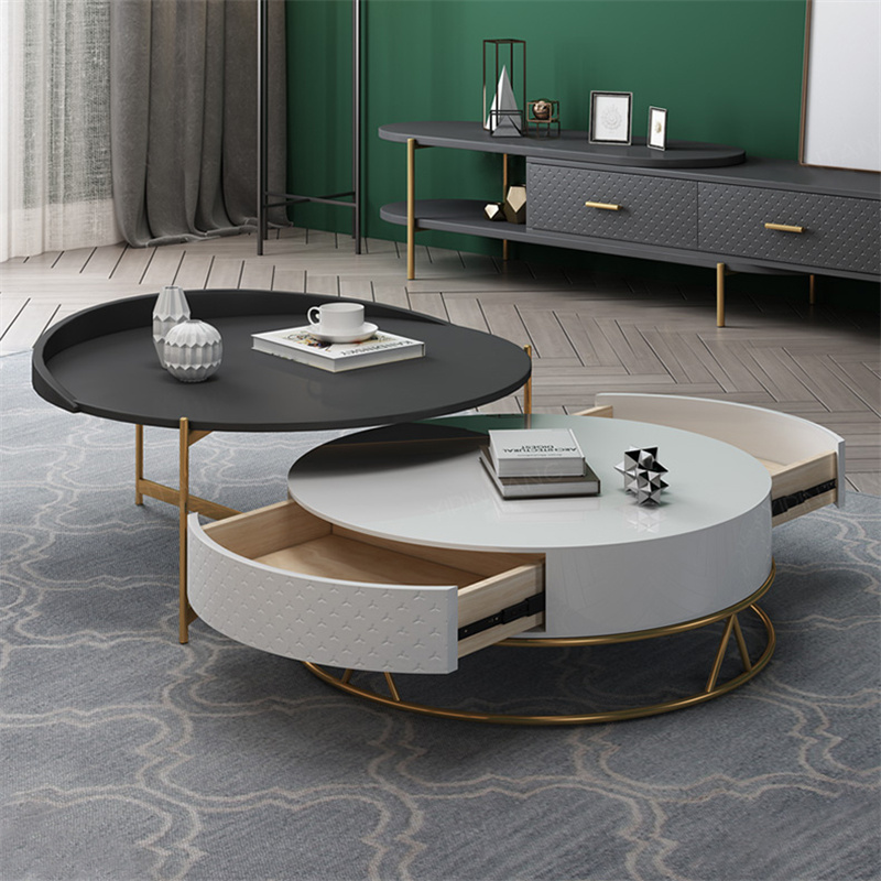 Round Nesting Coffee Table with Storage Rotatable Drawers Wood in White & Black