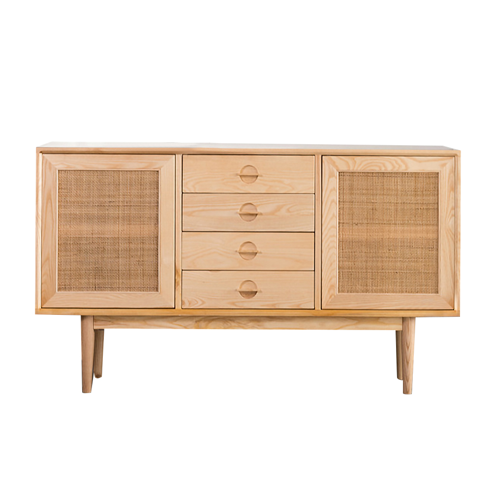 55" Cottage Natural Sideboard Buffet Rattan with 2 Doors 4 Drawers