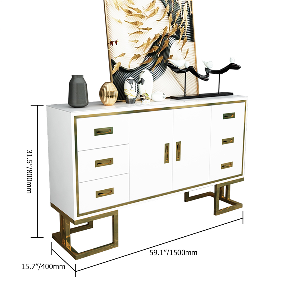 59" Modern White Sideboard Buffet Tempered Glass Top Lacquered Surface 2 Doors 6 Drawers