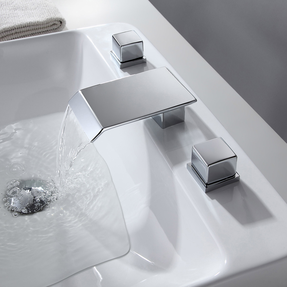 Moda Chrome Waterfall 3 Holes Bathroom Basin Tap Square Dual Handle Solid Brass