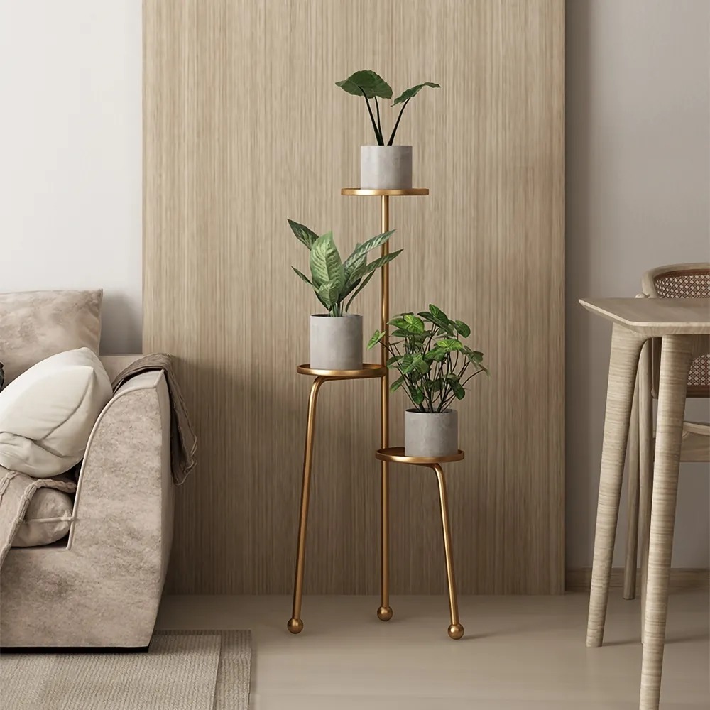 Gold Small Space 3-layer Corner Floor-standing Planter Stand With 3 Planter Trays