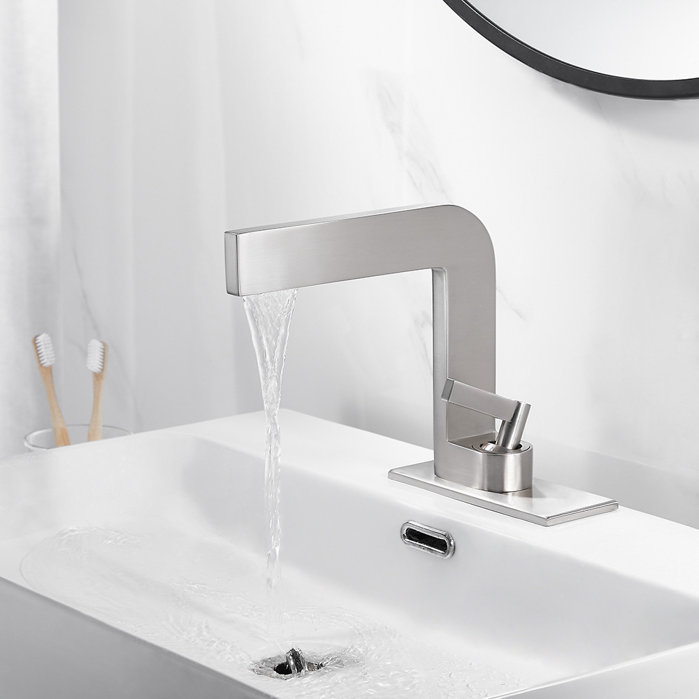 Brushed Nickel Waterfall Single Handle Bathroom Sink Faucet Solid Brass Single Hole