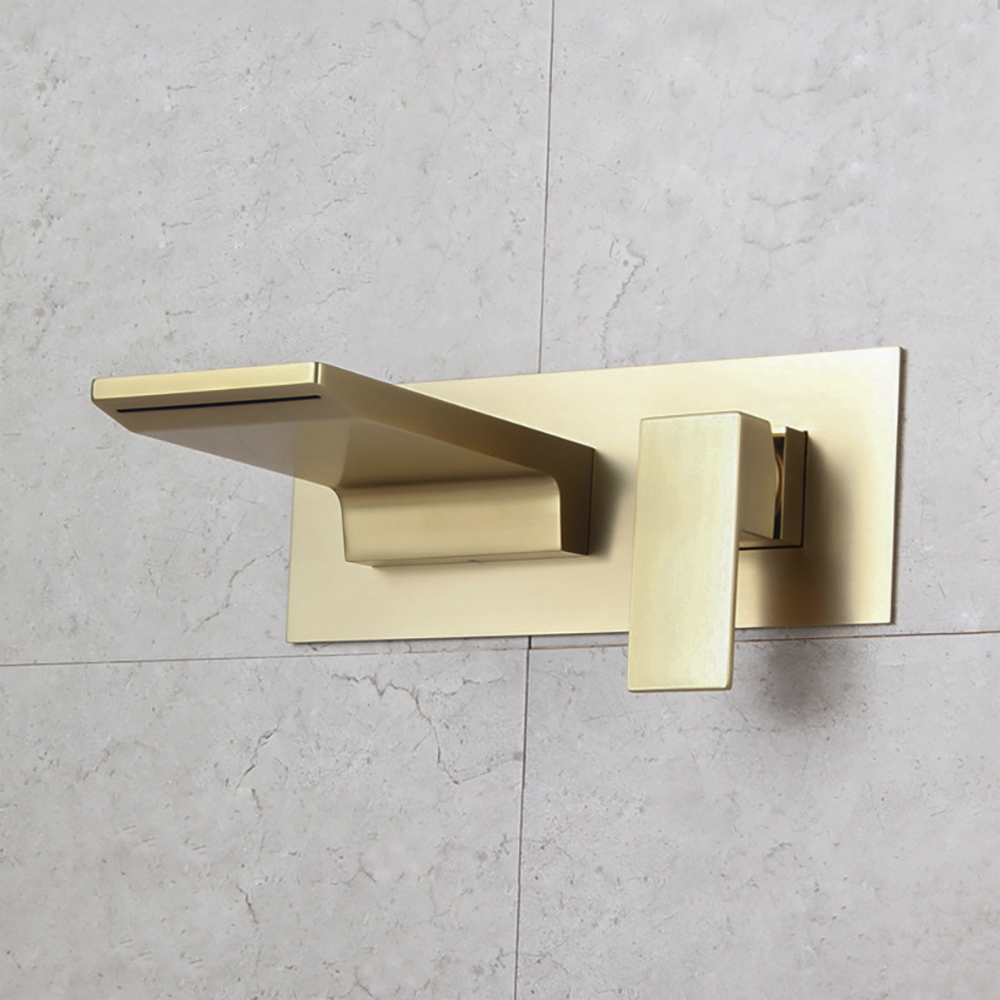 Sleek Brushed Gold Wall Mounted Single Lever Handle Waterfall Bathroom Basin Tap