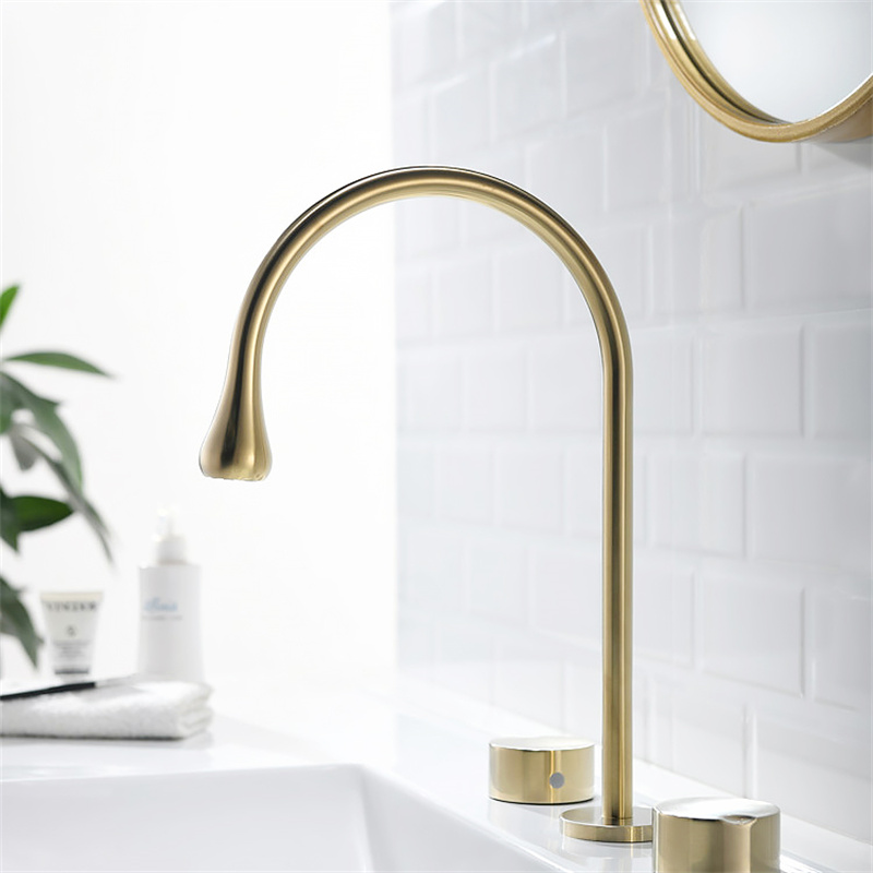 Widespread Brushed Gold Bathroom Sink Faucet 2Handle Solid Brass