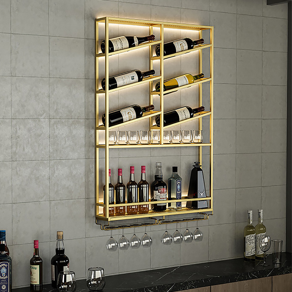 Industrial Wall Mounted Wine Rack with Glass Rack -Gold