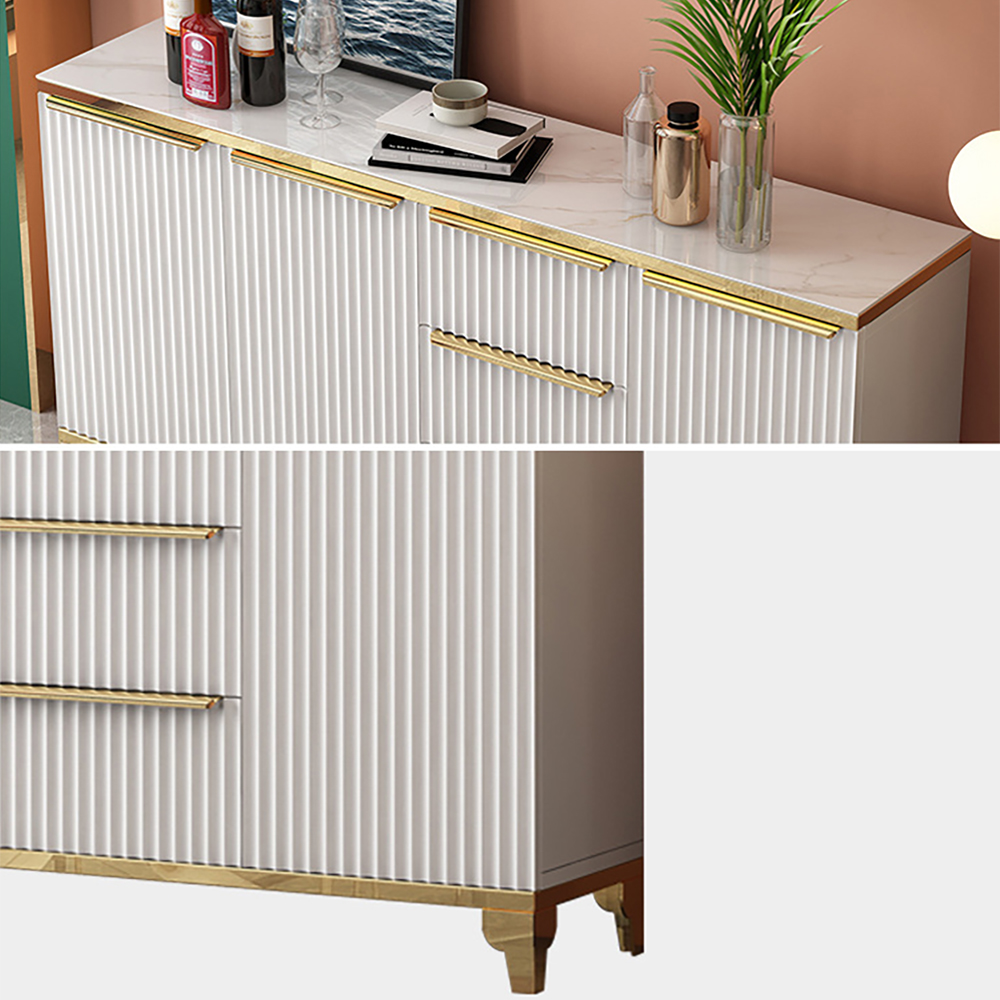 63" White Sideboard with Tempered Glass Top and 3 Drawers in Gold Finish