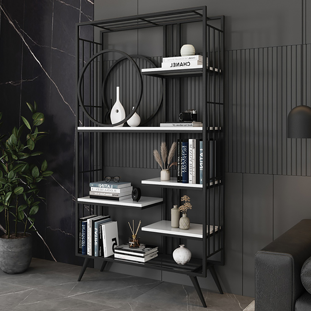 

Contemporary 6-Tiered Standing Etagere Bookshelf in Metal & Wood, Black