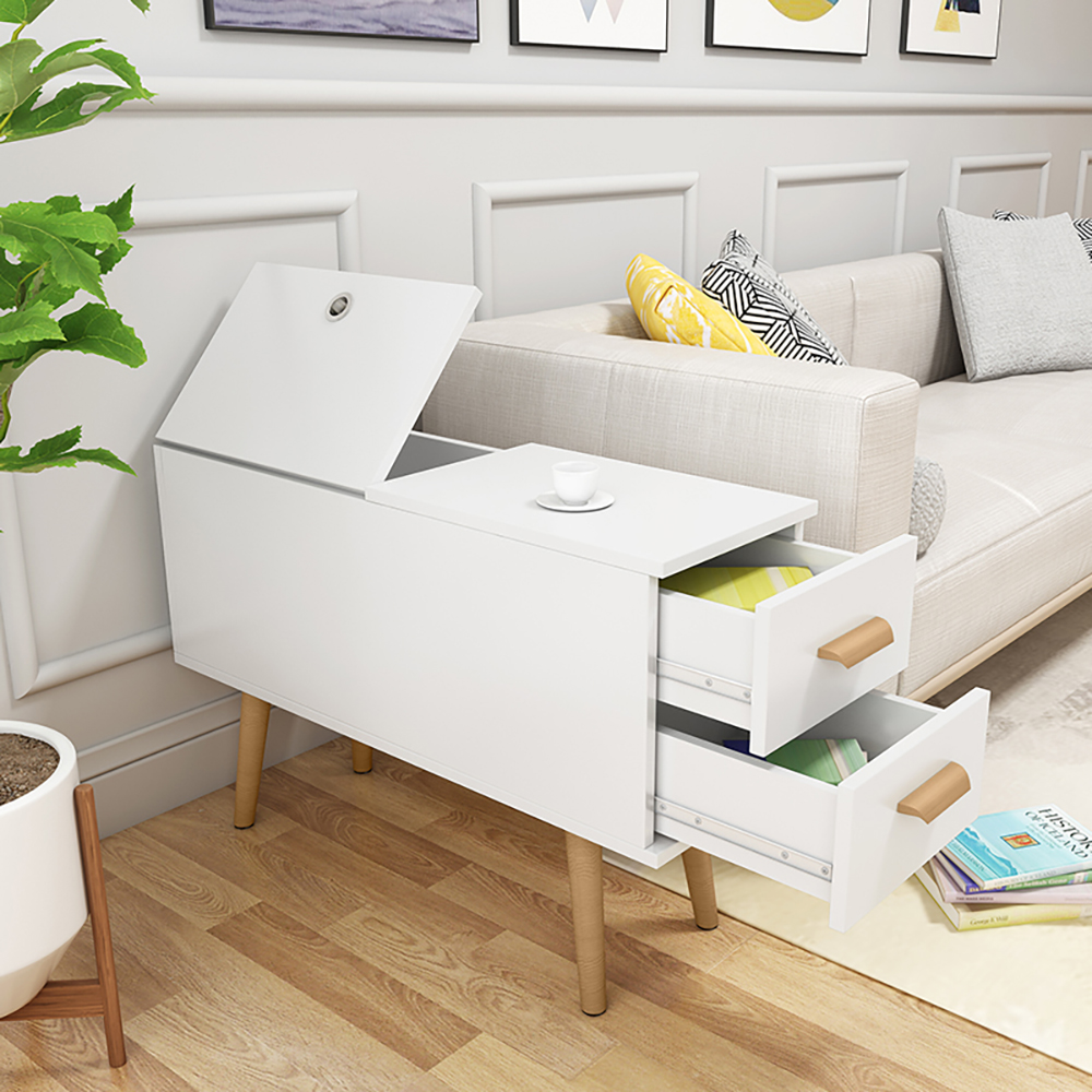 White Rectangle End Table with Drawers Modern Sofa Table for Living Room