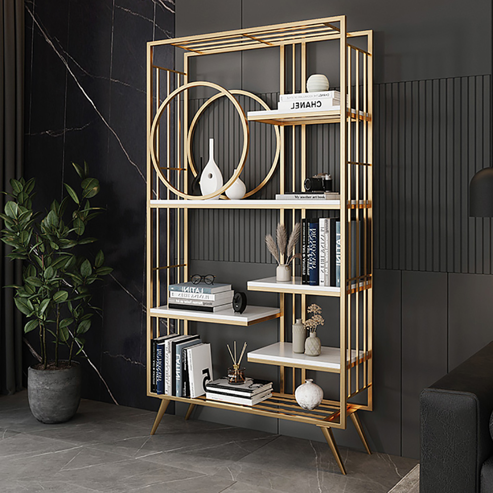 Contemporary 6-Tiered Standing Etagere Bookshelf in Metal & Wood