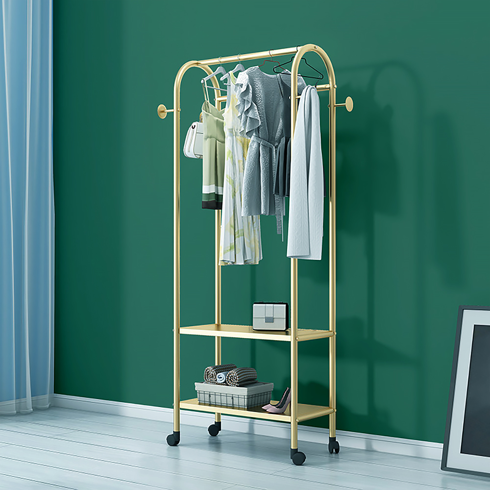 Image of 62.9'' Gold Metal Cloth Rack with 2-Tier Shelve Practical Wheels