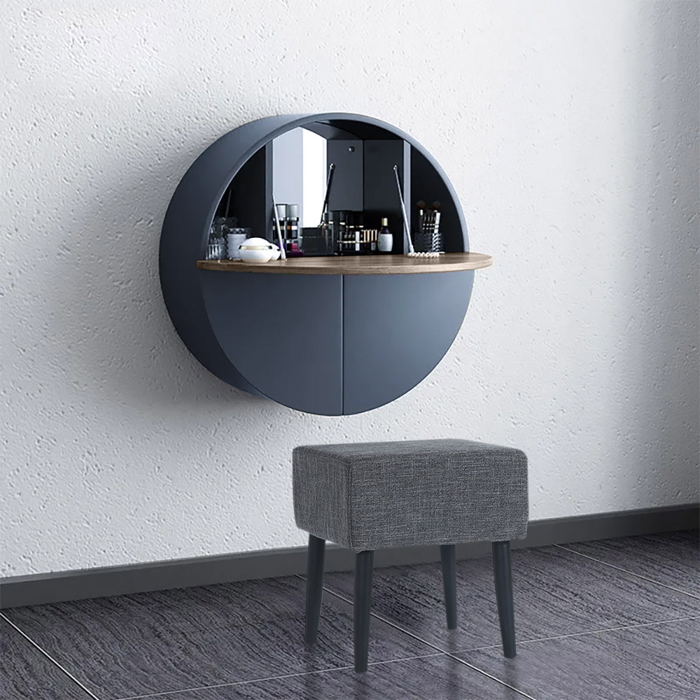 Modernes, rundes Make-up-Schminktisch-Set mit Spiegel und Hocker zur Wandmontage, Grau
