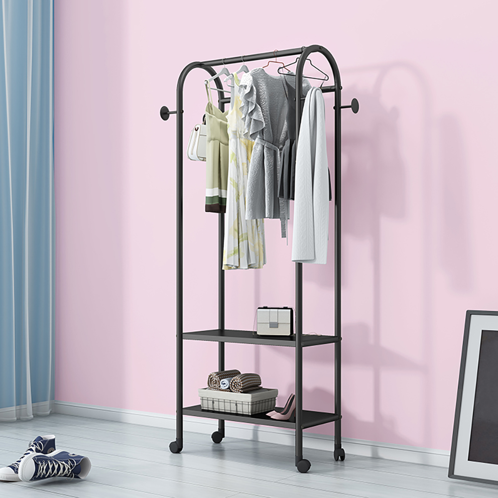 

62.9'' Black Metal Cloth Rack with 2-Tier Shelve Practical Wheels