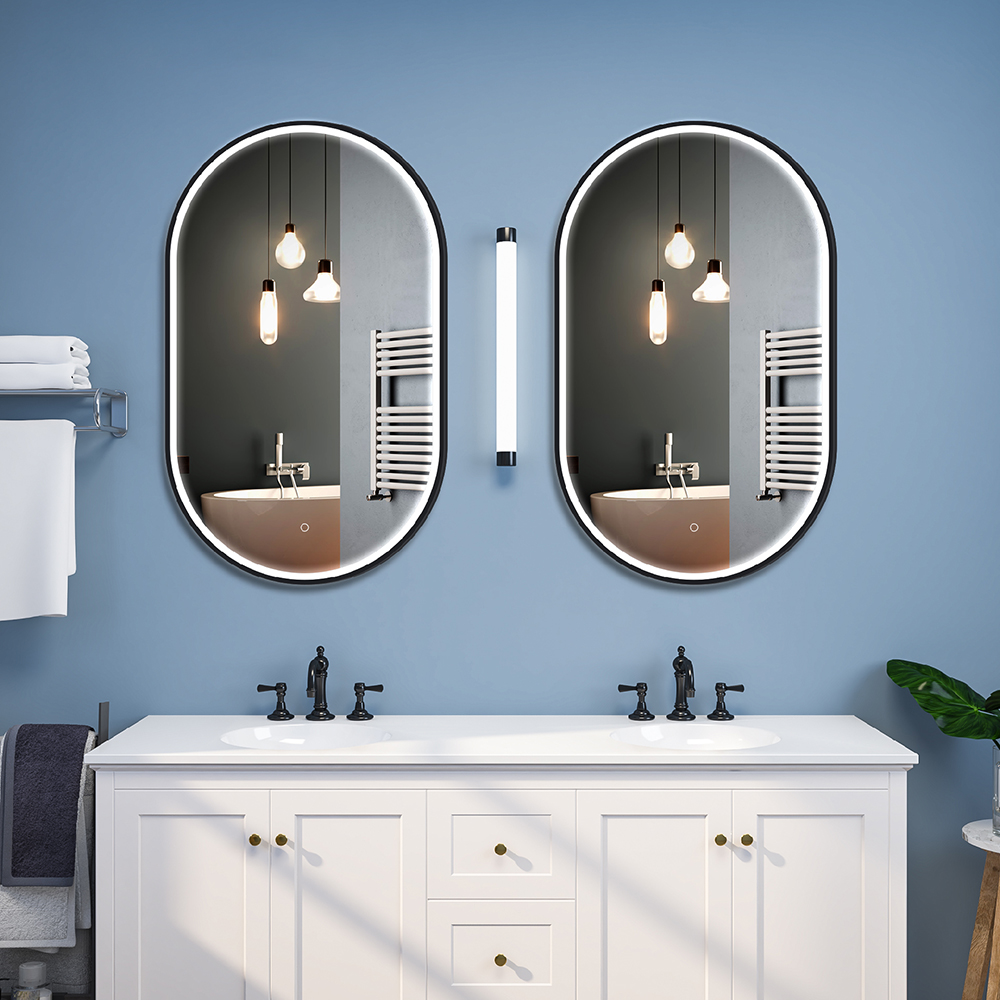 Image of Matte Black Frame Capsule Wall Mounted LED Bathroom Mirror Anti-Fog