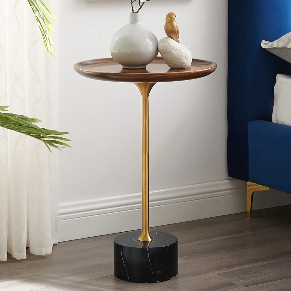 

Round Black Marble End Table Walnut Living Room