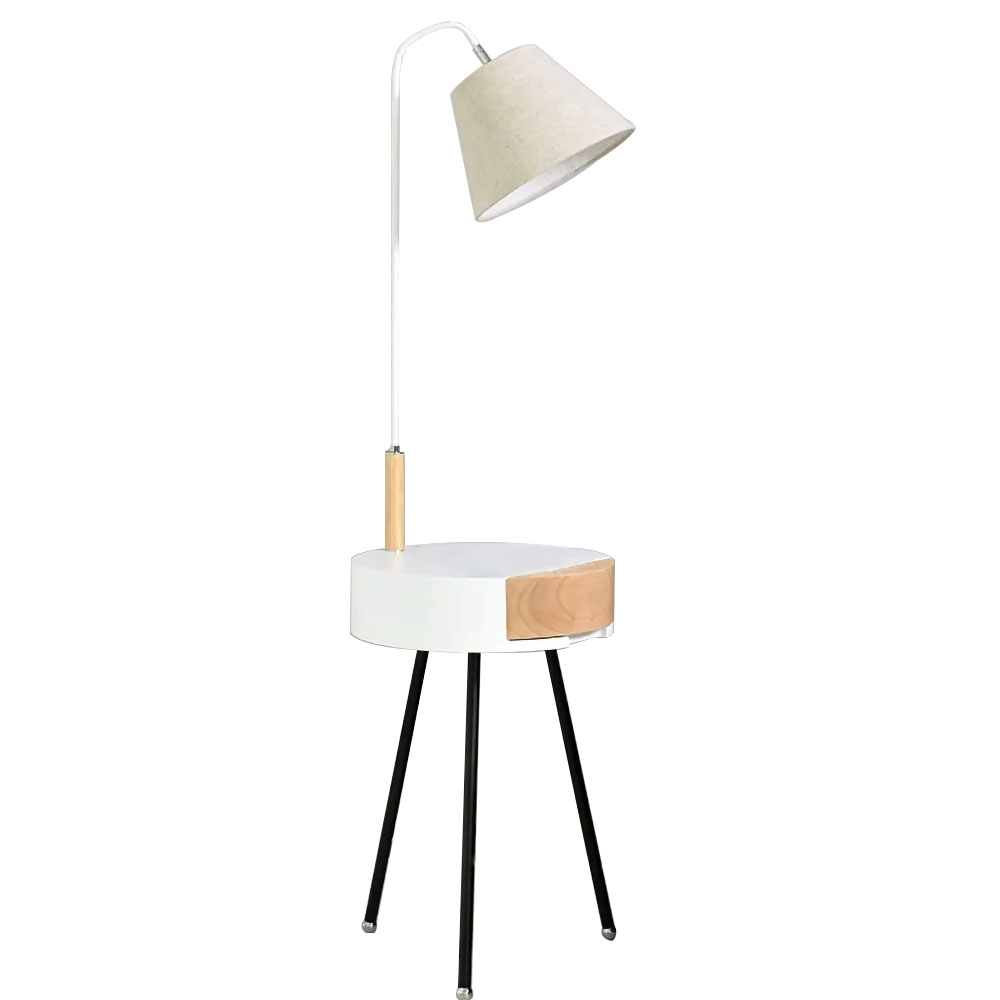 Arc White LED Wooden End Table Tripod Floor Lamp Fabric Shade