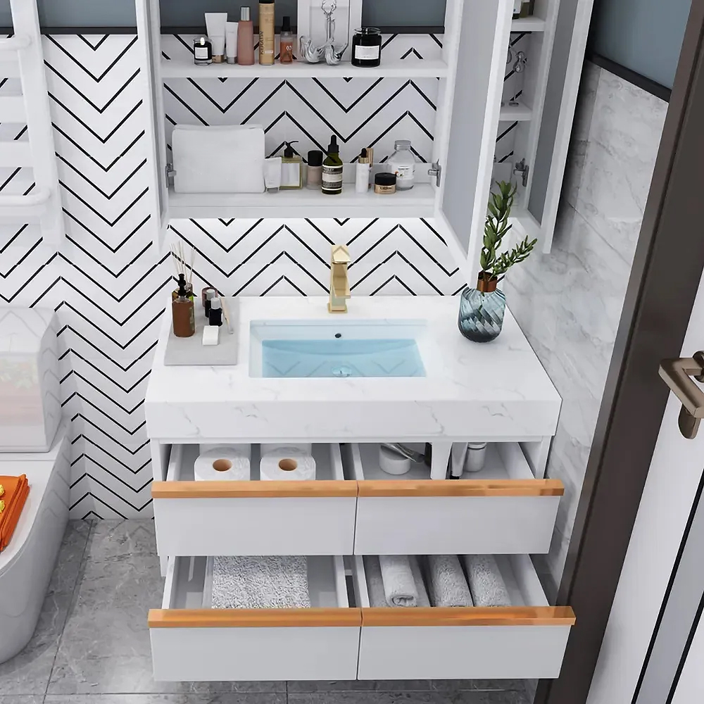 1000mm White WallMounted Bathroom Vanity Faux Marble Counter & Basin Gold Pull