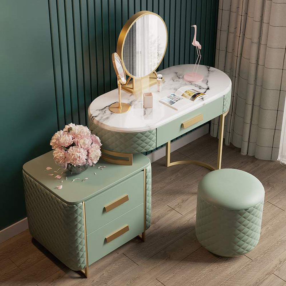 Green Makeup Vanity Set Expandable Dressing Table with Cabinet Mirror & Stool Included