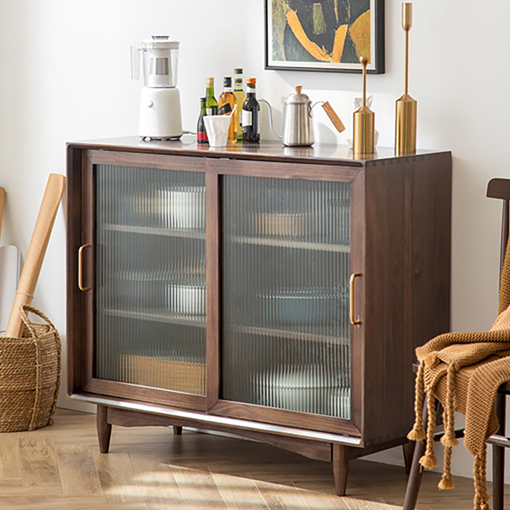 

Nordic Walnut Sideboard Rectangular Buffet with Glass Sliding Doors & Shelves