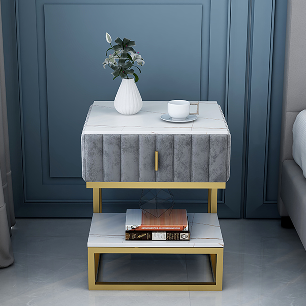 Gray End Table with Shelf & Drawer Metal Frame