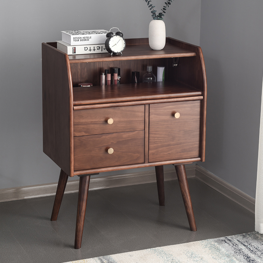 

Nordic Walnut Wood Makeup Table with 3 Drawers Flip-Top Mirror