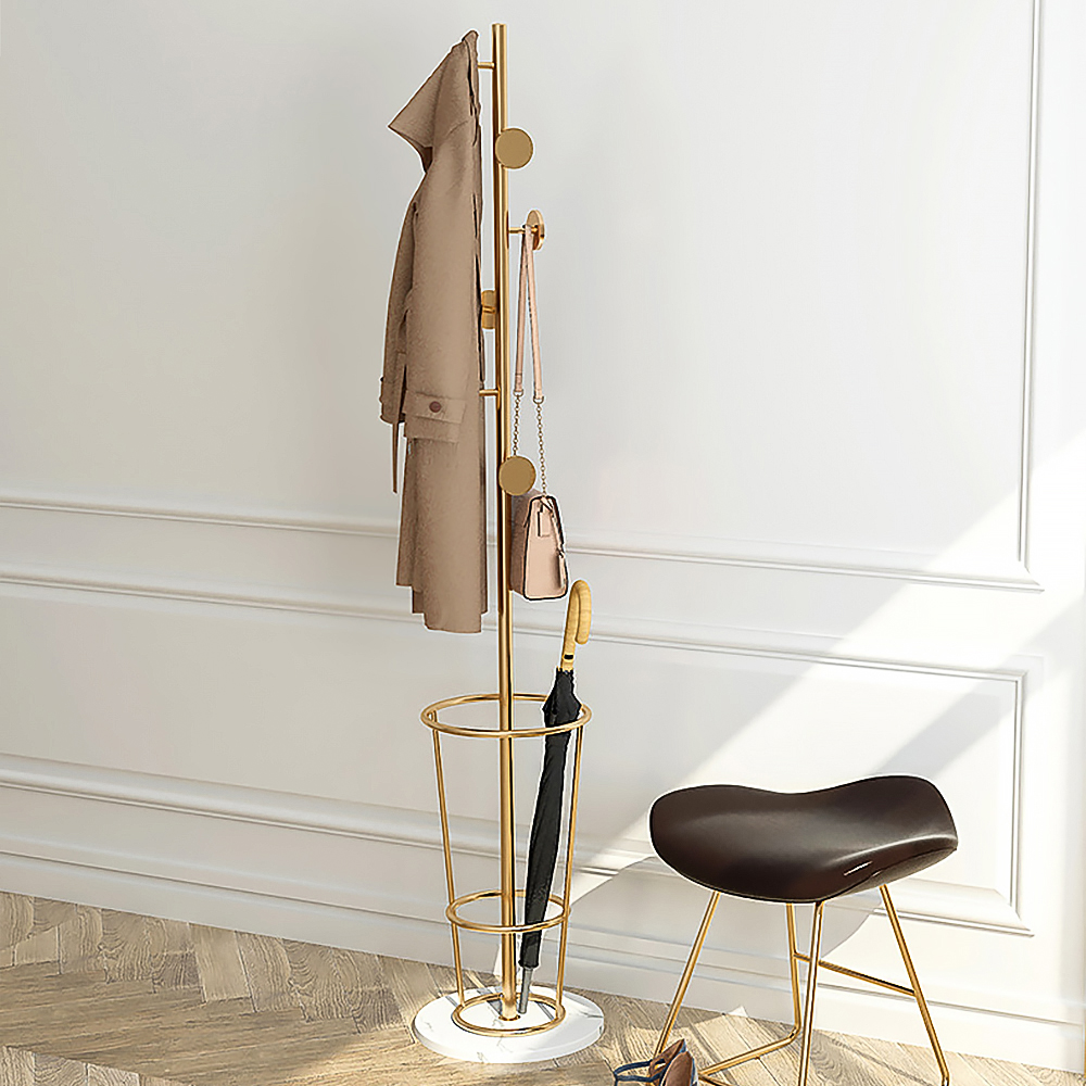 1700mm Hallway Metal Round Hooks Coat Stand with Umbrella Stand Base-Gold