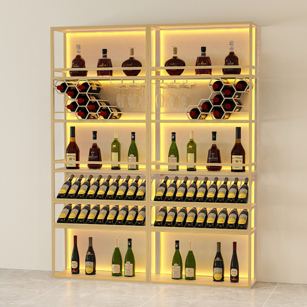 Gold Contemporary Standing Honeycomb Wine Rack with Glass Rack-B