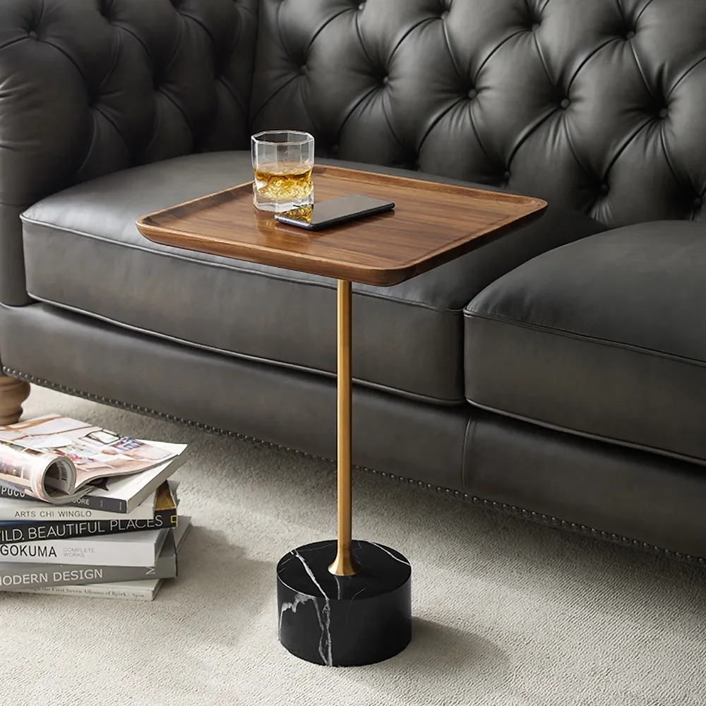 Square Black Marble End Table Walnut Living Room